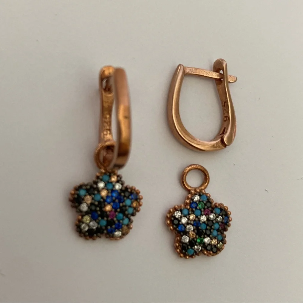 925 Silver flower earrings dangle hoop colorful cz zirconia & turquoise stones